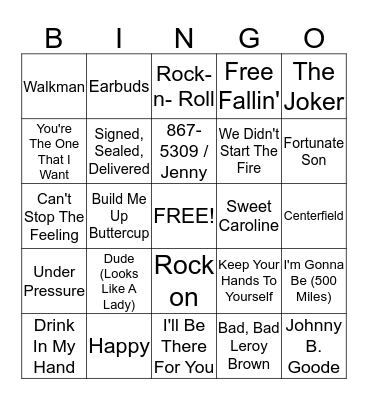 Rock Star Bingo Card