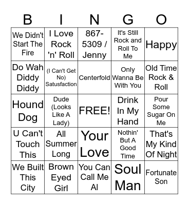 Rock Star Bingo Card