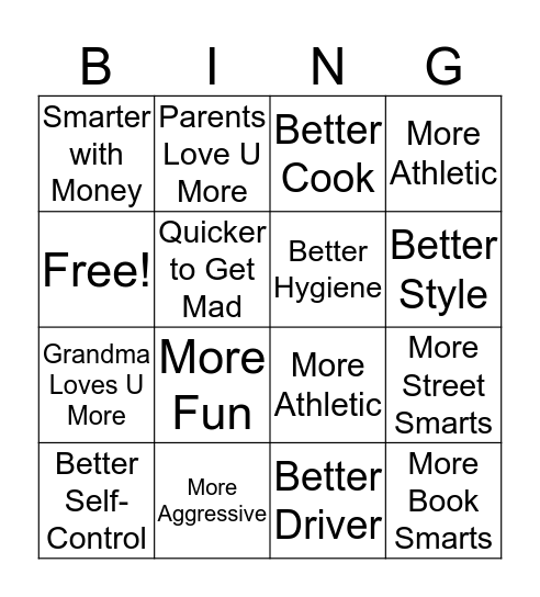 Sibling Rivalry Bingo Card