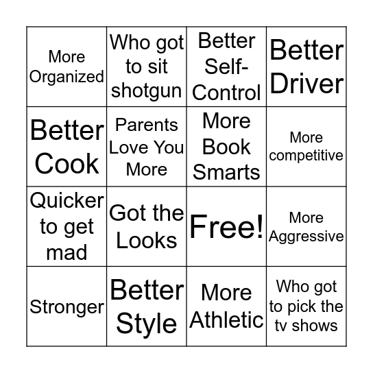 Sibling Rivalry Bingo Card