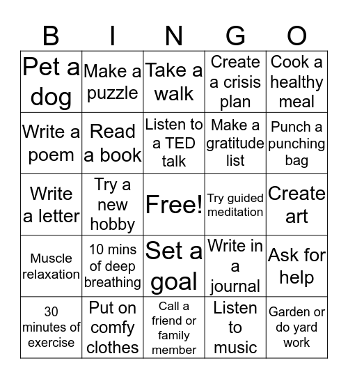 Positive Coping Skills For PTSD Bingo Card