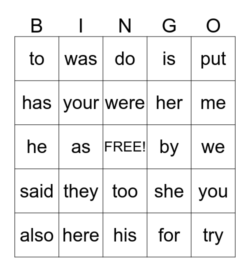 Trick Word Bingo Card