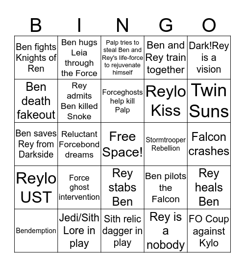 Rise of Skywalker Bingo Card