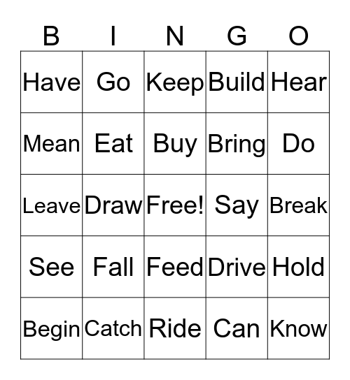 Irregular Verbs Bingo Card