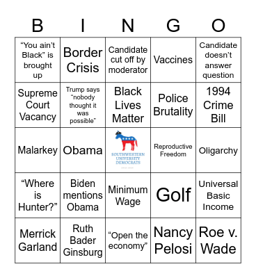 SU DEMS DEBATE WATCH BINGO Card