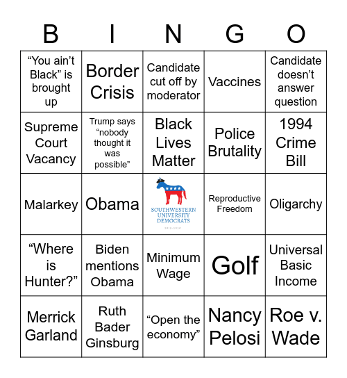 SU DEMS DEBATE WATCH BINGO Card