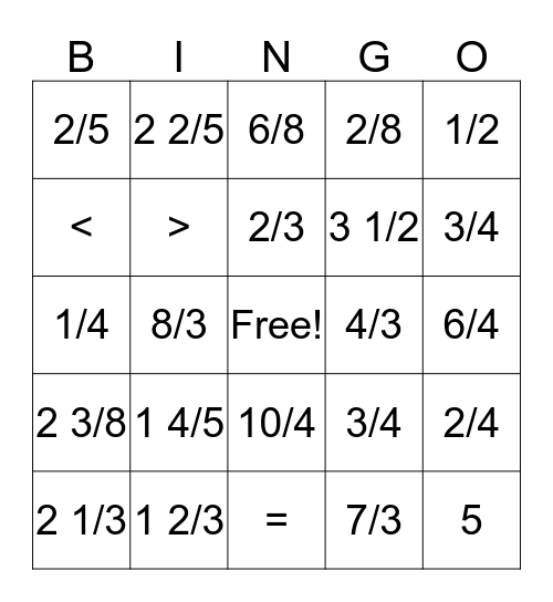 Fraction Bingo Card