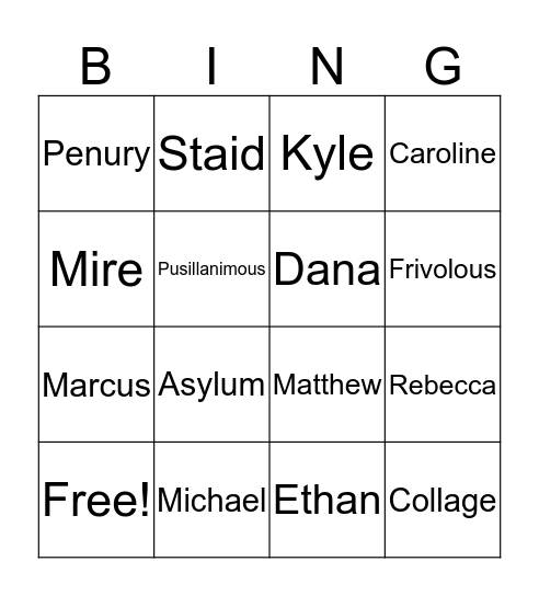 12 Vocab Bingo Card