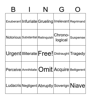 7th Grade Vocabulary  Bingo Card