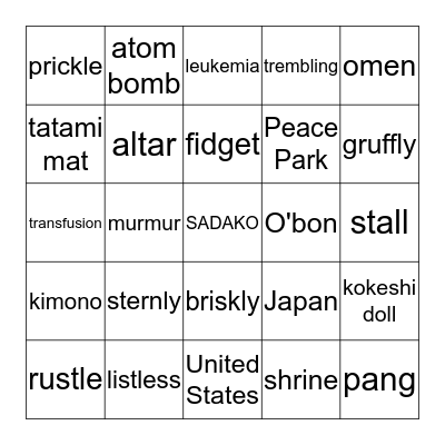 Sadako and the Thousand Paper Cranes Bingo Card