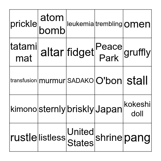 Sadako and the Thousand Paper Cranes Bingo Card