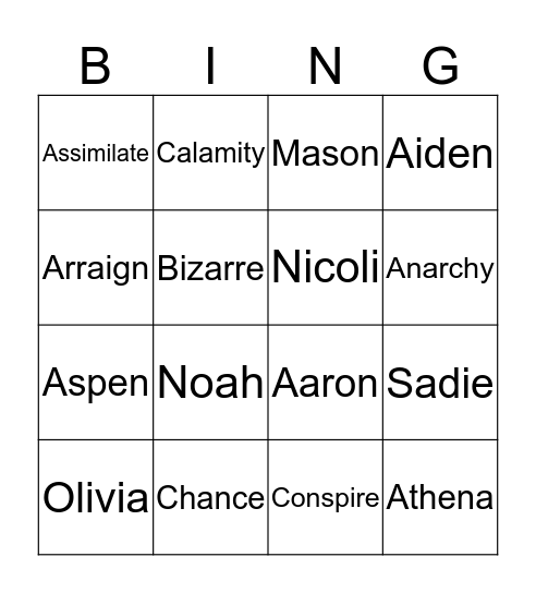 8 Vocab Bingo Card