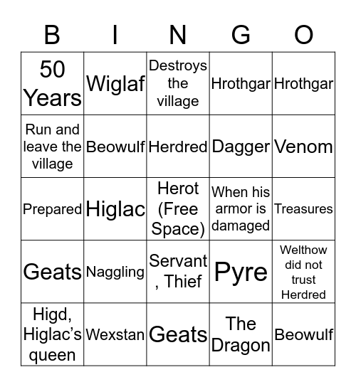 Beowulf Bingo Card