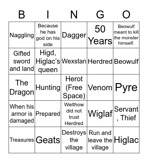Beowulf Bingo Card