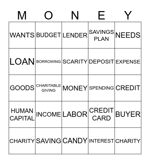 MONEY BINGO Card