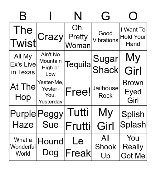 Name That Tune Bingo Card