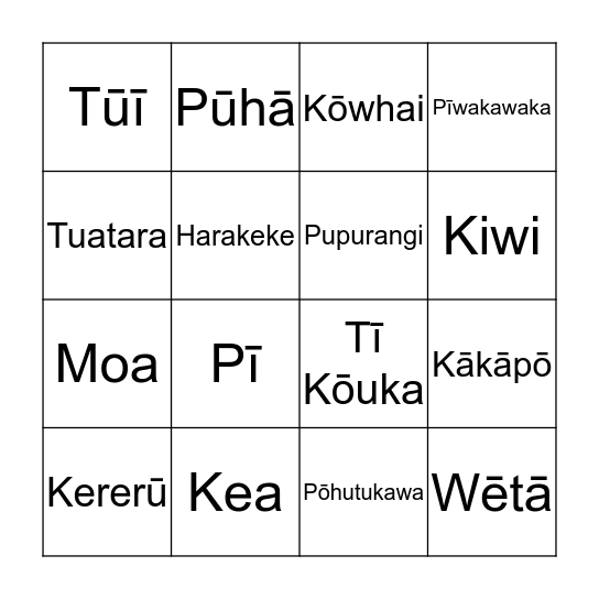 Te Waonui a Tāne Bingo Card