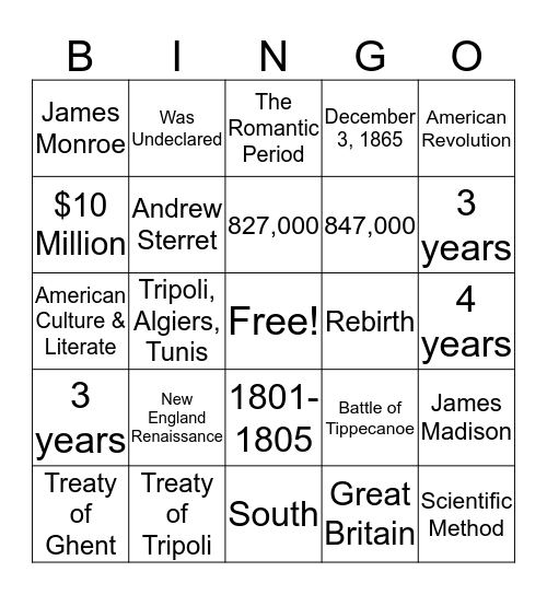 1800-1865 Bingo Card