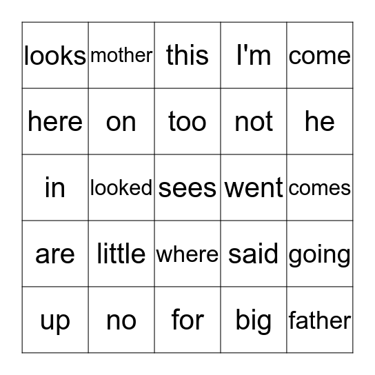 Sight Words Level A-D Bingo Card