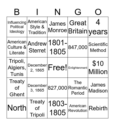 1800-1865 Bingo Card