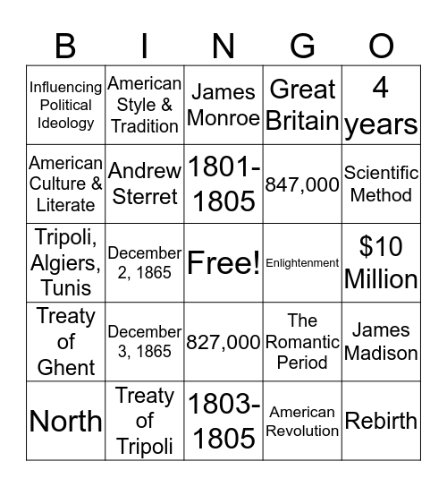 1800-1865 Bingo Card