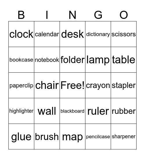 Classroom Objects Bingo Card