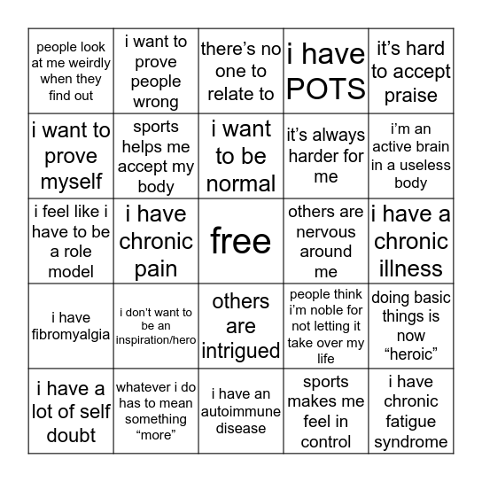 being athletic & disabled/ill Bingo Card