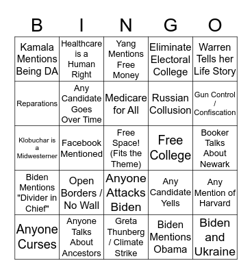 Harvard Republican Club: Democratic Debate Bingo Card