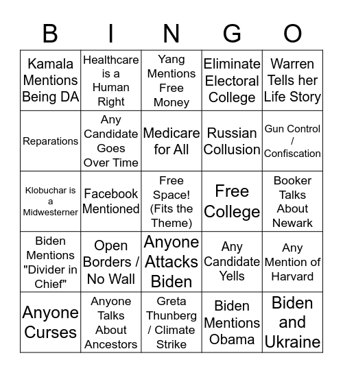 Harvard Republican Club: Democratic Debate Bingo Card