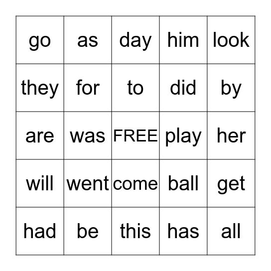 Word List B Bingo Card