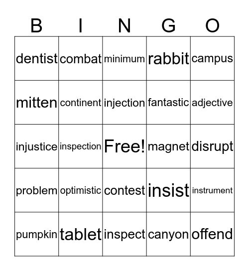 Multisyllable Words - Short Vowels Bingo Card
