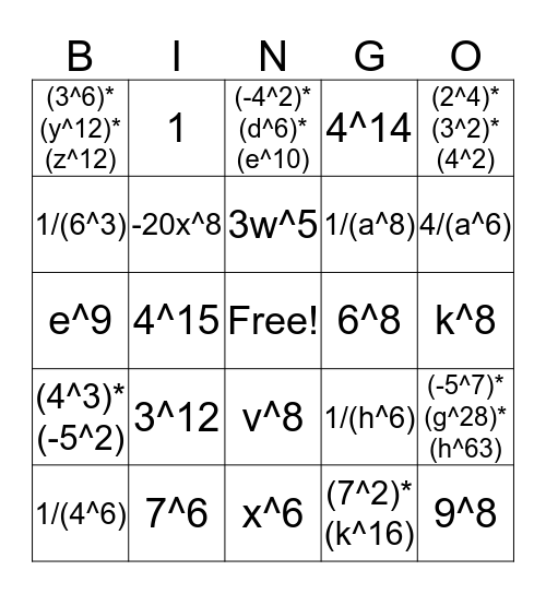 Exponents! Bingo Card