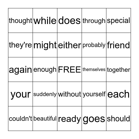 Word List G Bingo Card