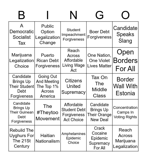 Pat's Random Absurdist Debate Bingo Card