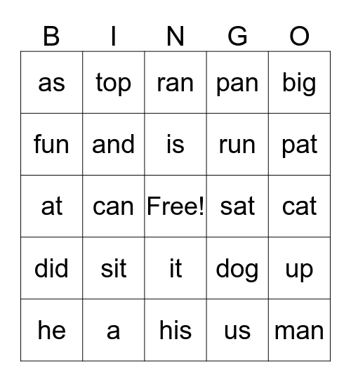Sight Word Bingo Card