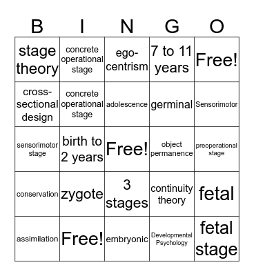 Lifespan Development I  Bingo Card