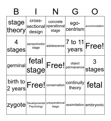 Lifespan Development I  Bingo Card