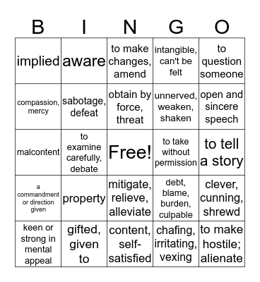 Term 1 English 8 Bingo Card
