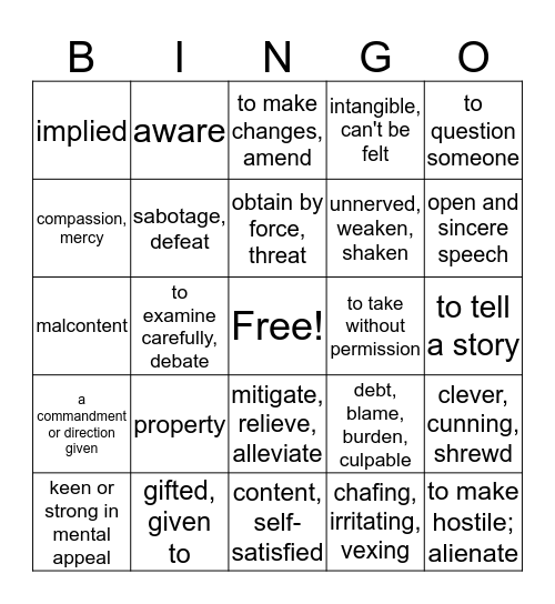 Term 1 English 8 Bingo Card