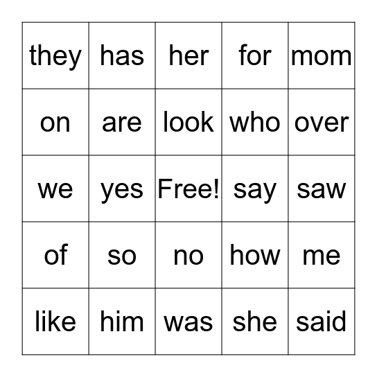 Sight Words 2 Bingo Card