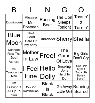 60s Number 1 Hits Bingo Card