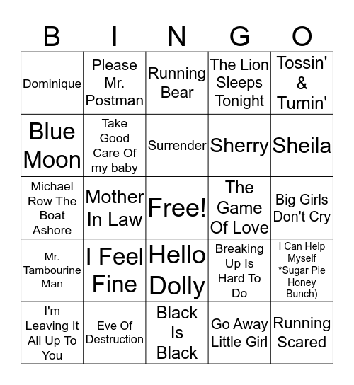 60s Number 1 Hits Bingo Card