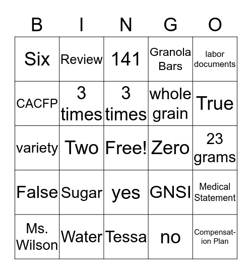 GANSI Funtime Bingo Card