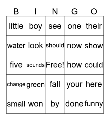 Sight Word Bingo Card