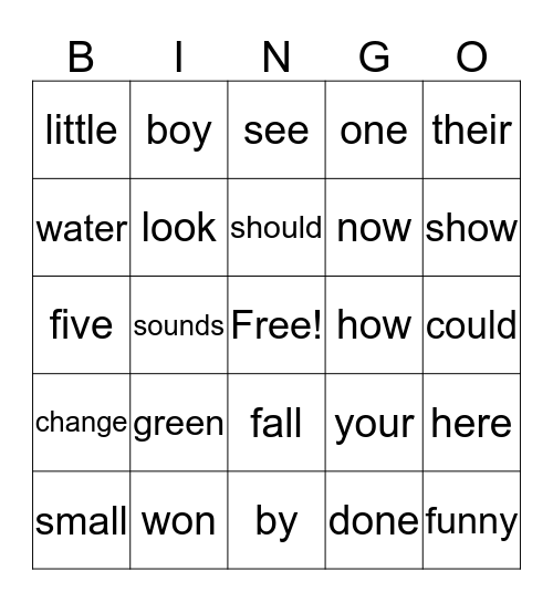 Sight Word Bingo Card