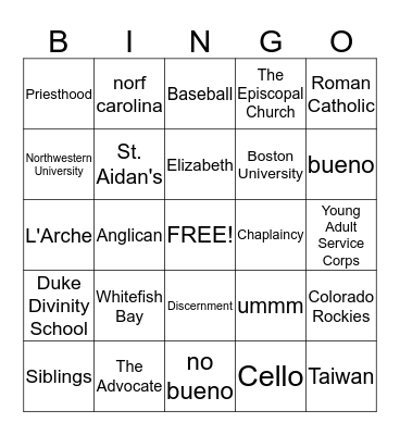 Seth Allen Bingo Card