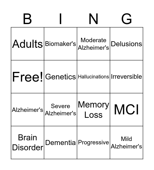 Alzheimer's Bingo Card