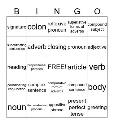 Language Arts Fun  Bingo Card