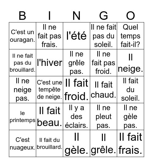 Le Temps/Les Saisons Bingo Card