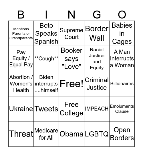 Debate Watch Party October 15, 2019 Bingo Card